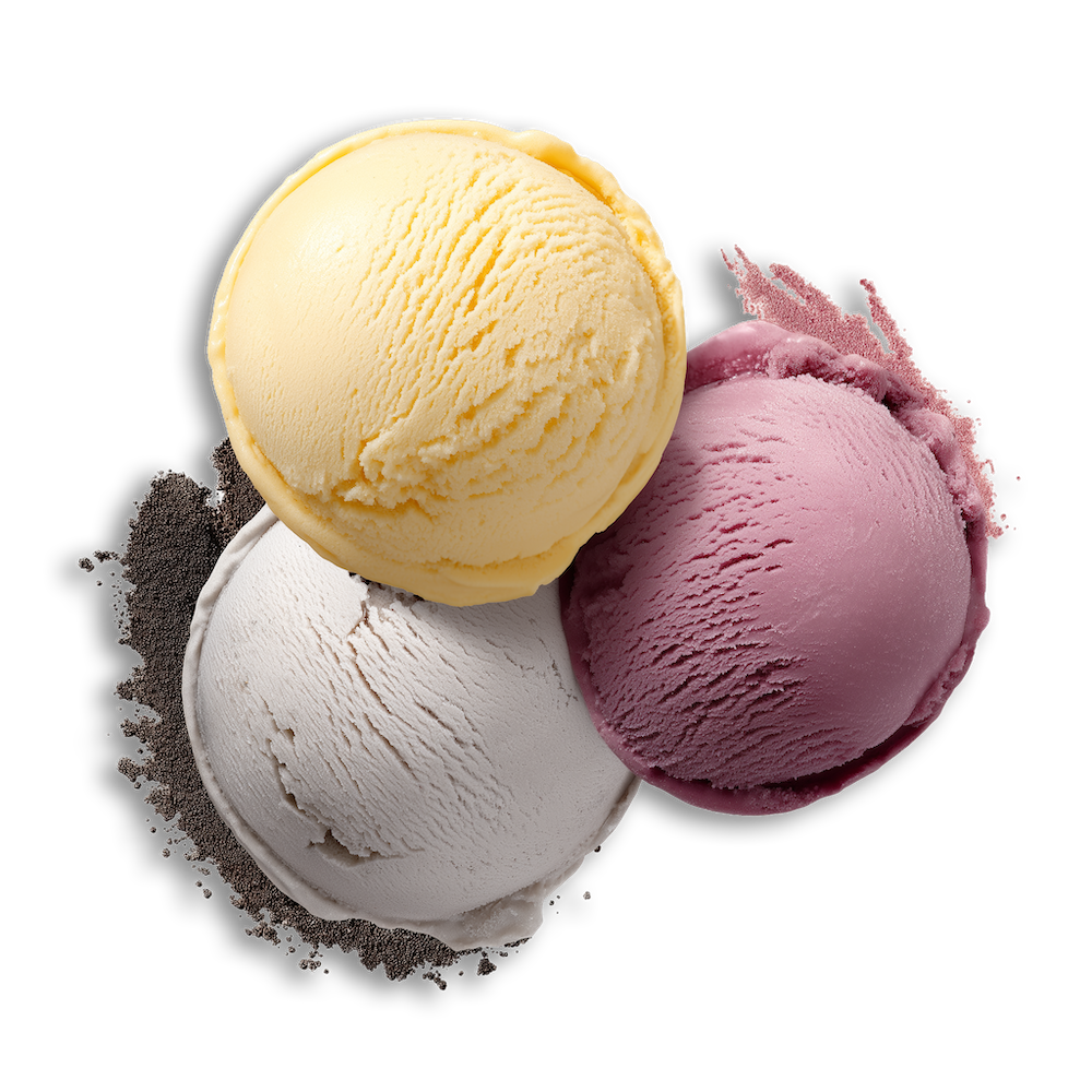 Three scoops of homemade ice cream in a waffle cone